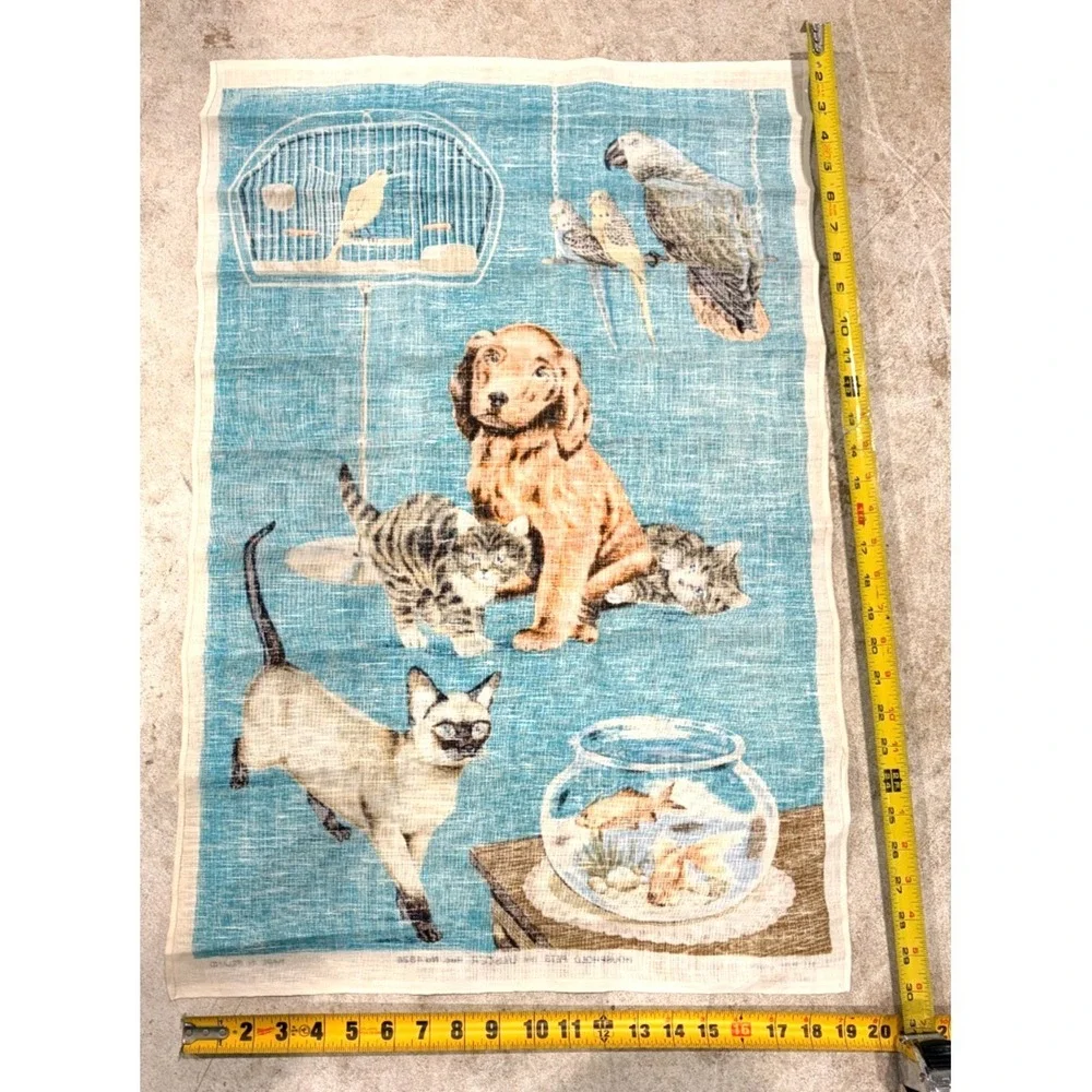 Vintage Ulster Household Pets Pure Linen Tea Towel Cats Dog Birds Goldfish 29x20